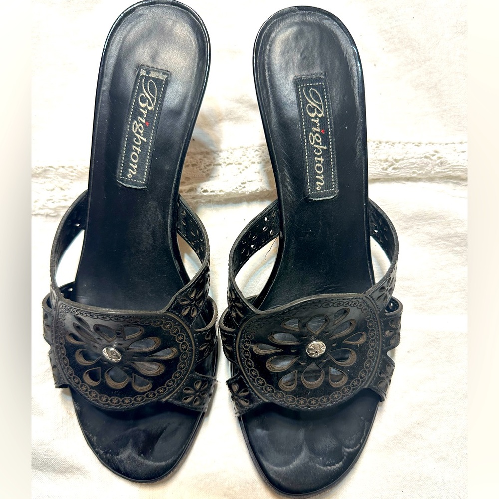 Brighton womens heels size 7 1/2 Black leather top, bench made in Brazil